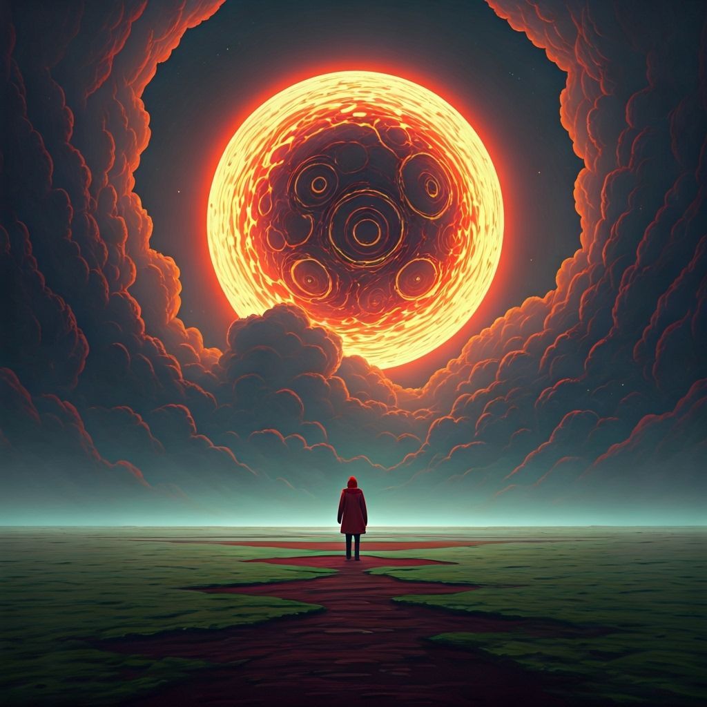 Lone Figure Gazing at Fiery Moon in Stormy Landscape