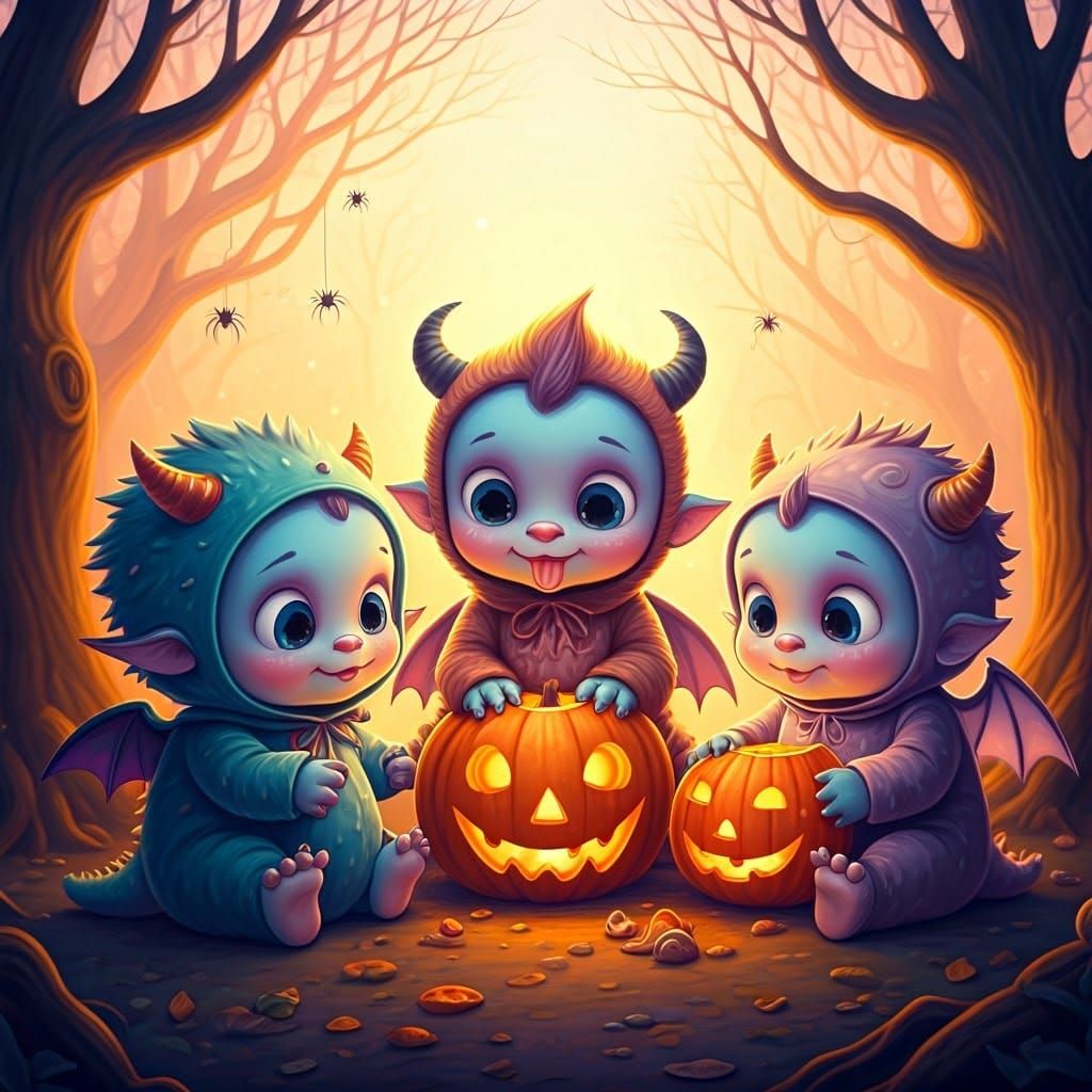 Halloween Monsters Carving Pumpkins in Fairytale Setting