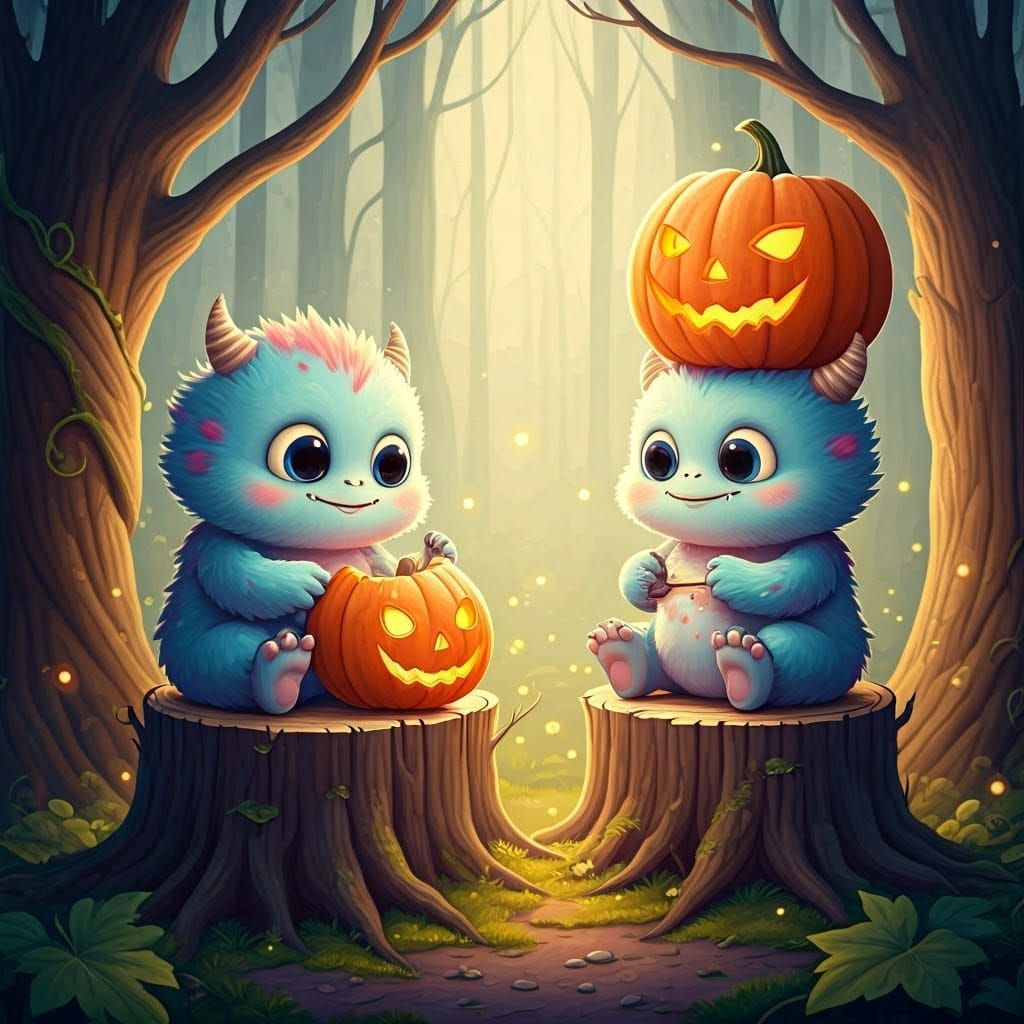 Whimsical Monster Friends in a Fairytale Forest Scene