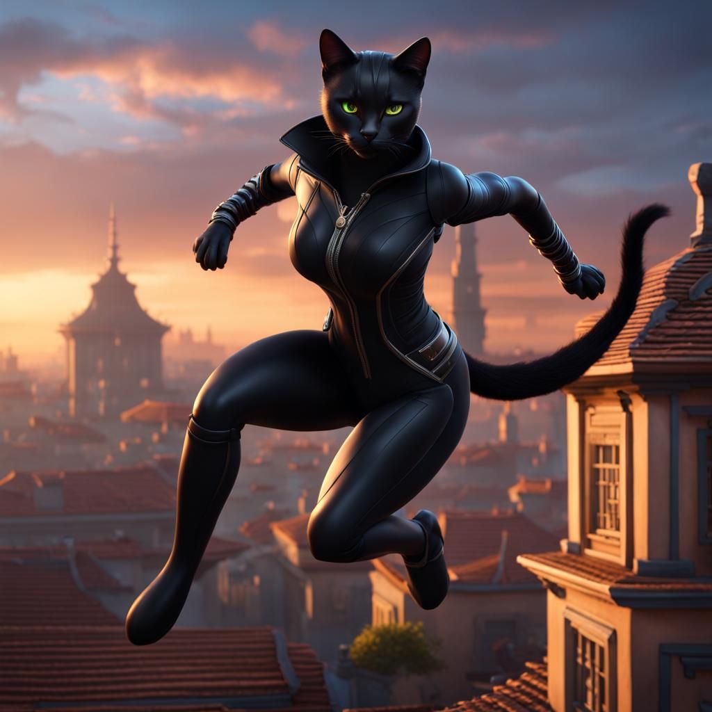 Humanoid Cat Thief Runs on Roofs at Sunrise