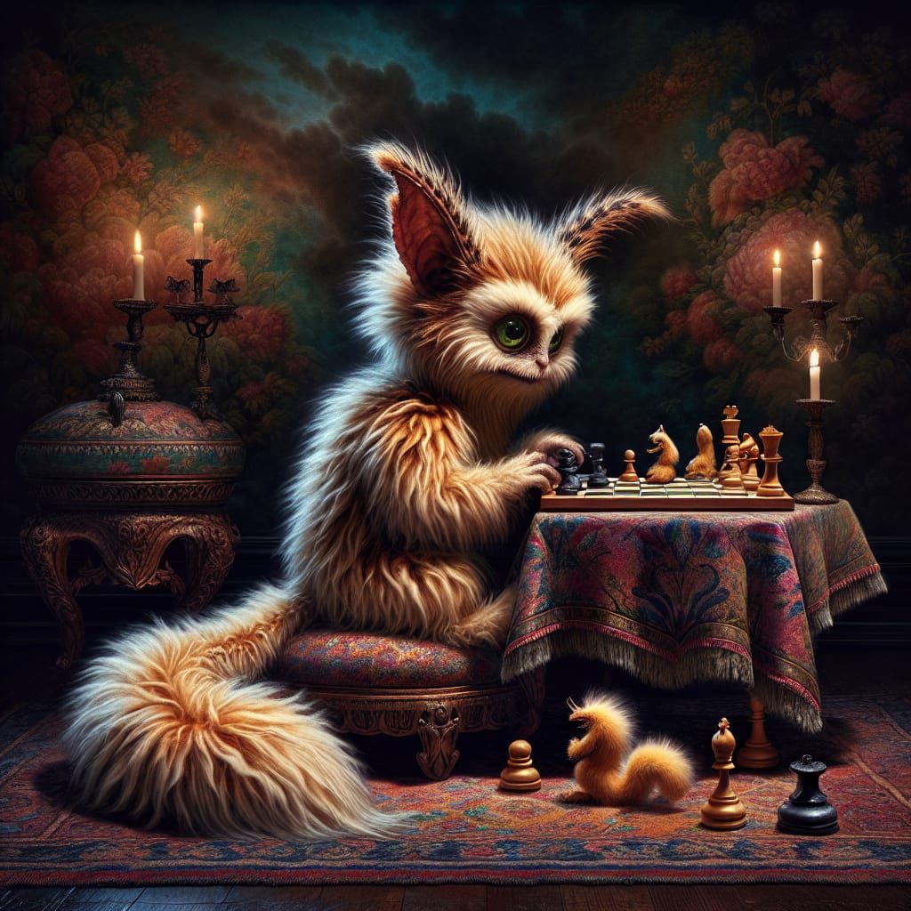 Velvet Creature Plays Chess in Opulent Setting