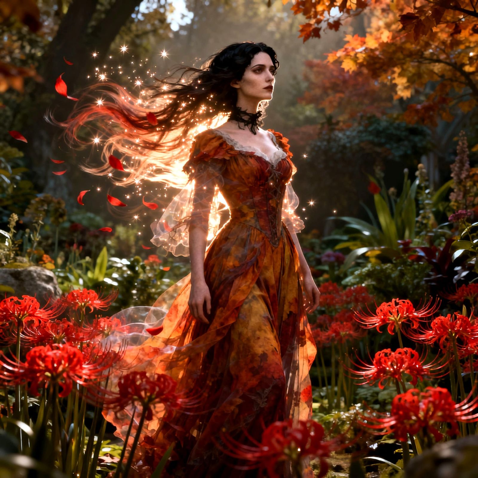 Ethereal Autumn Portrait with Red Spider Lilies
