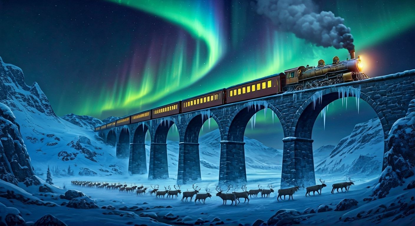 Steampunk Train Crosses Snowy Bridge Under Aurora Borealis