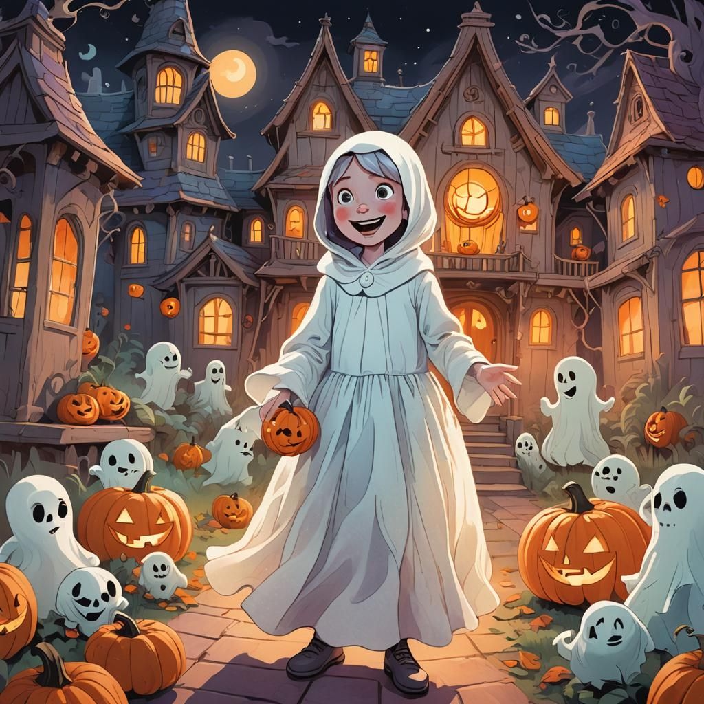 Playful Ghost in Haunted House Illustration