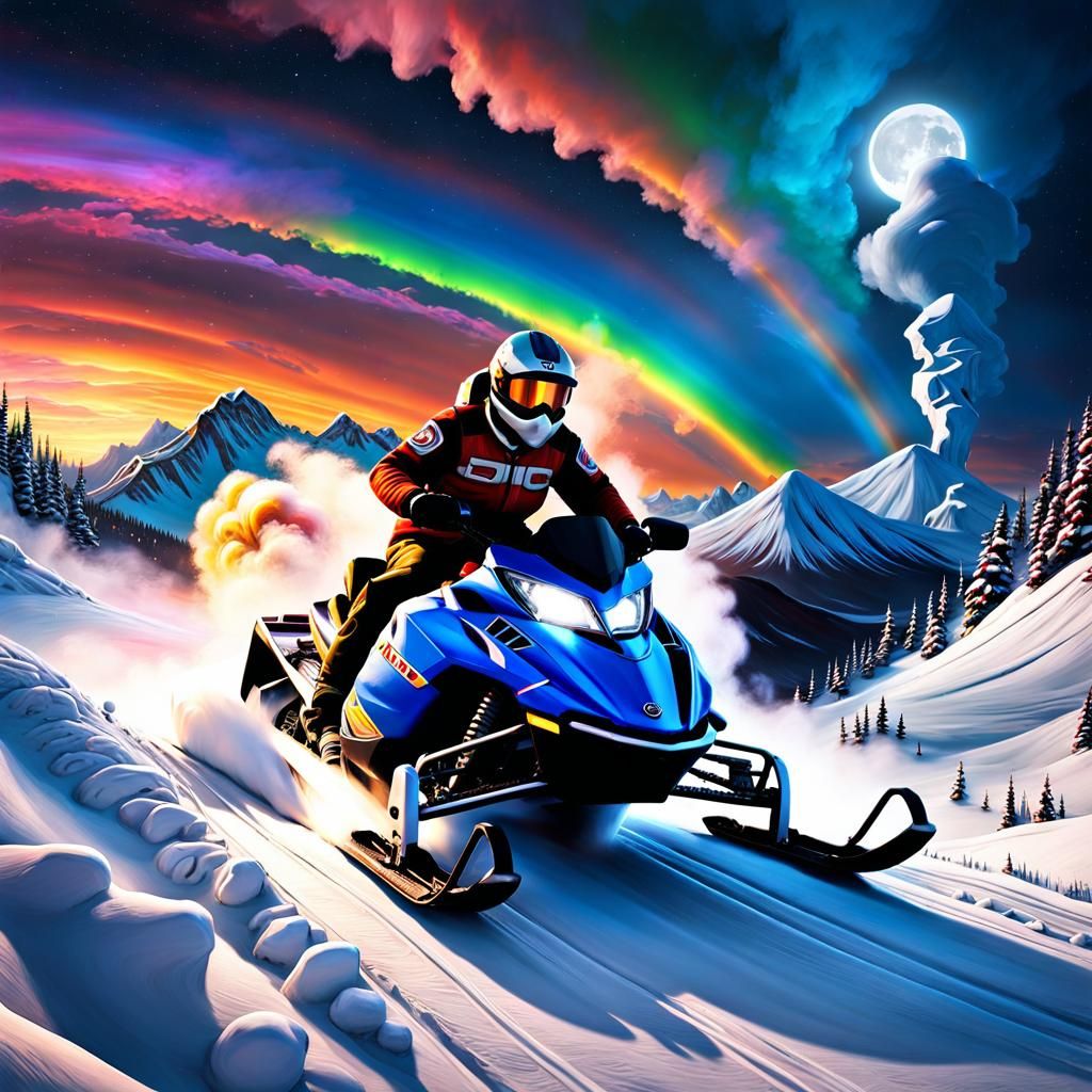 Hyperrealistic Snowmobile Race Down Rainbow Mountain