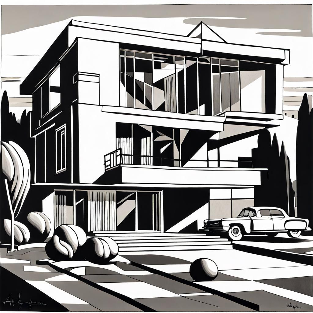Surrealist Suburban Home in Cubist Line Art