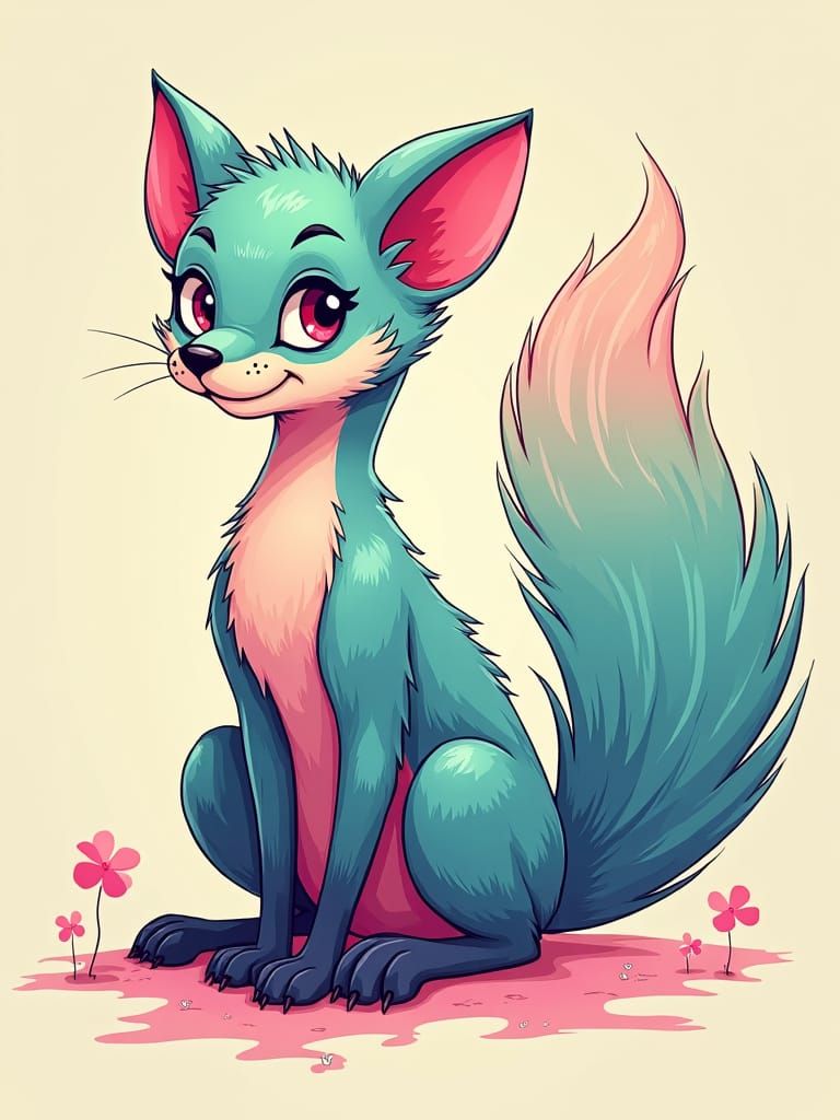 Fox-Ferret Hybrid Creature with Ombre Fur, Cartoon Style