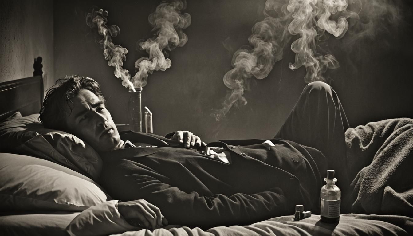 Film noir- A dishevelled man is laying back ontop of a bed smoking a cigarette, burned down to the brown filter end and ...