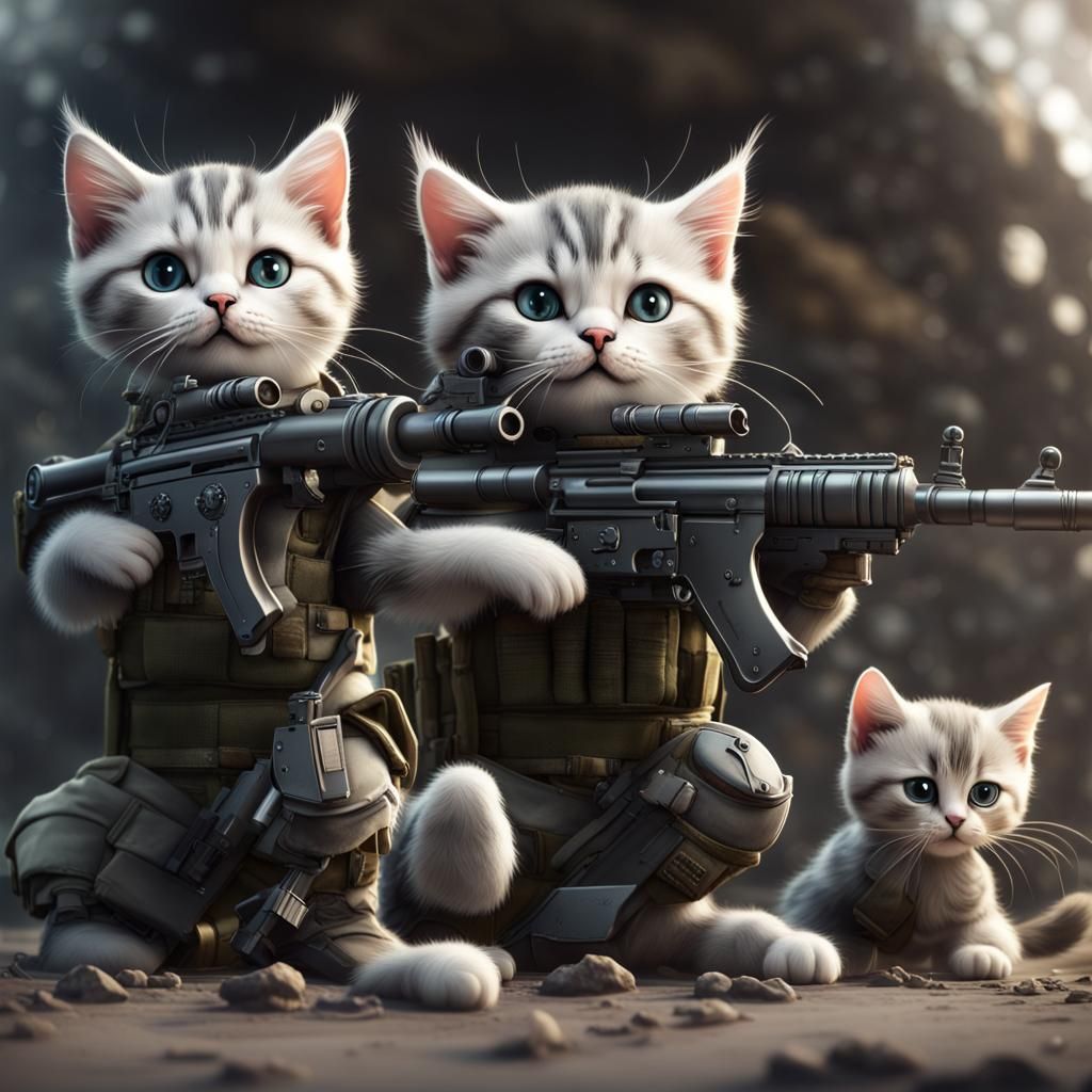 Kittens as Modern Soldiers in Detailed Matte Painting
