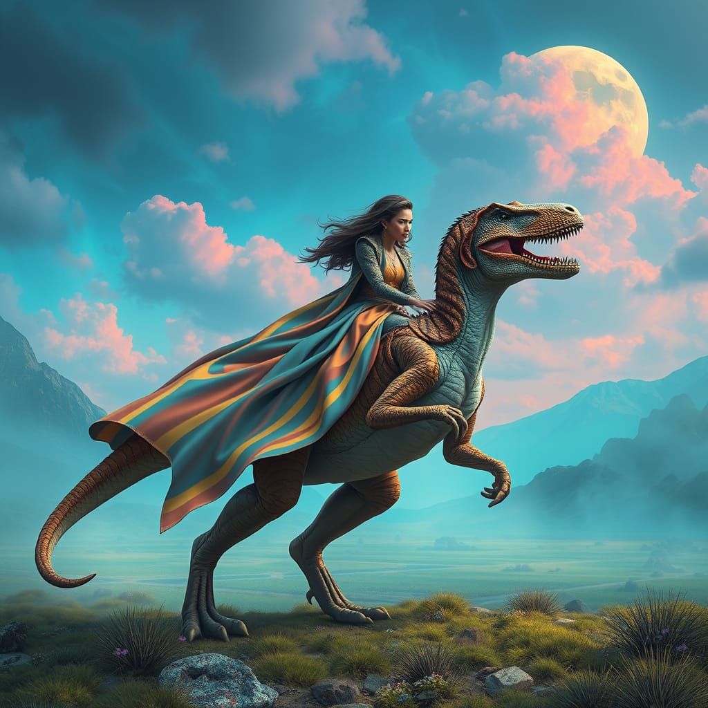 Surreal Woman Rides Majestic Velociraptor in Dreamlike Lands...