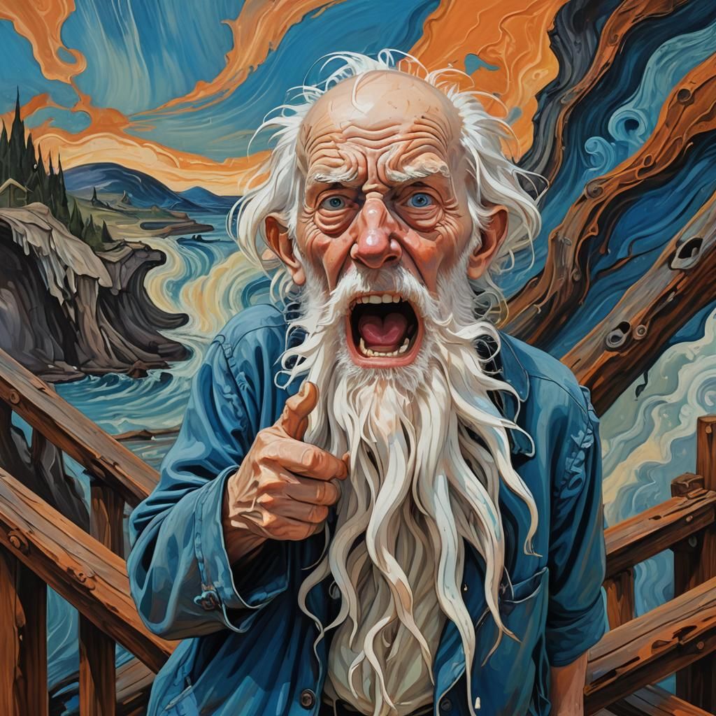 Anthropomorphic Screaming Man on Bridge in Maximalist Style