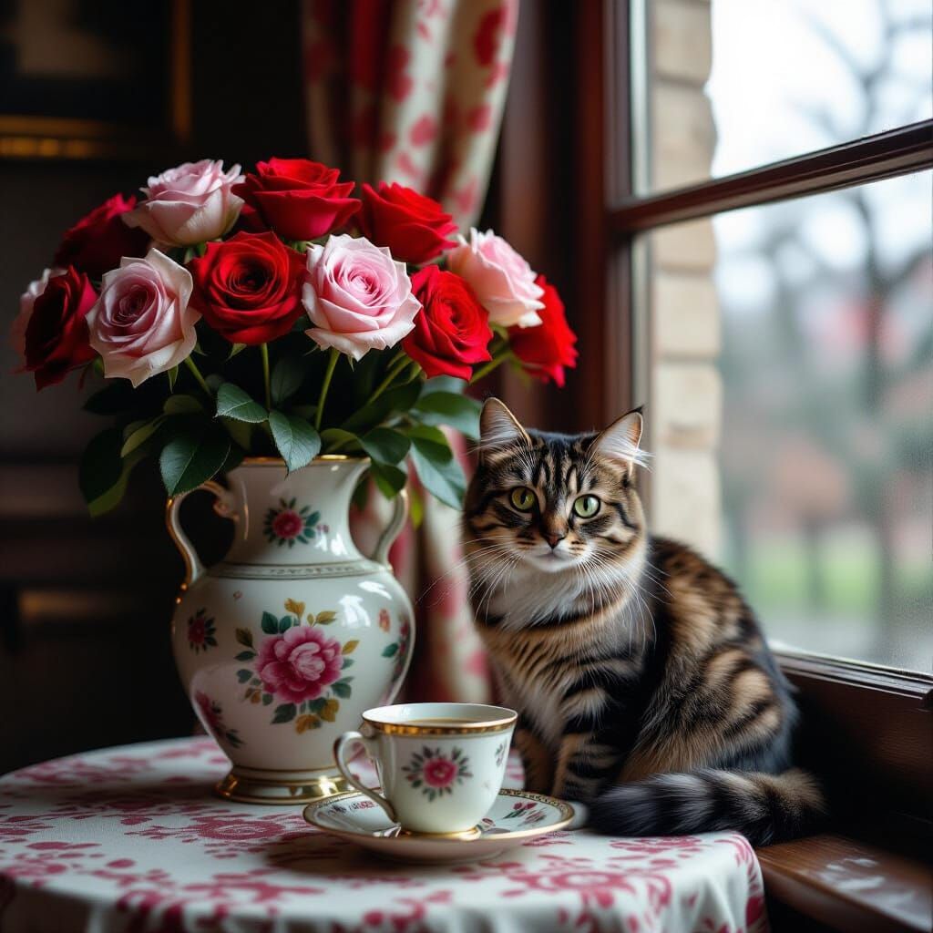 Italian Neorealism Cat with Roses and Coffee