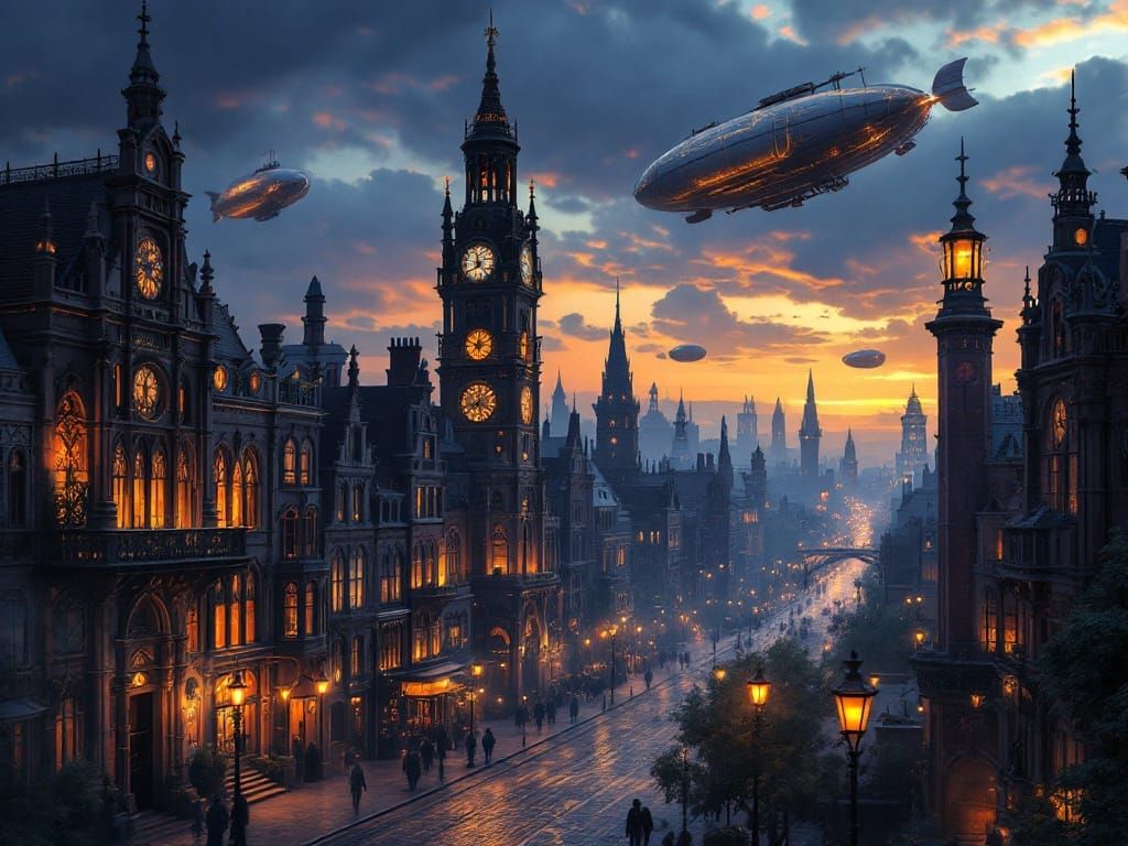 Ethereal Victorian Cityscape in Steampunk Splendor