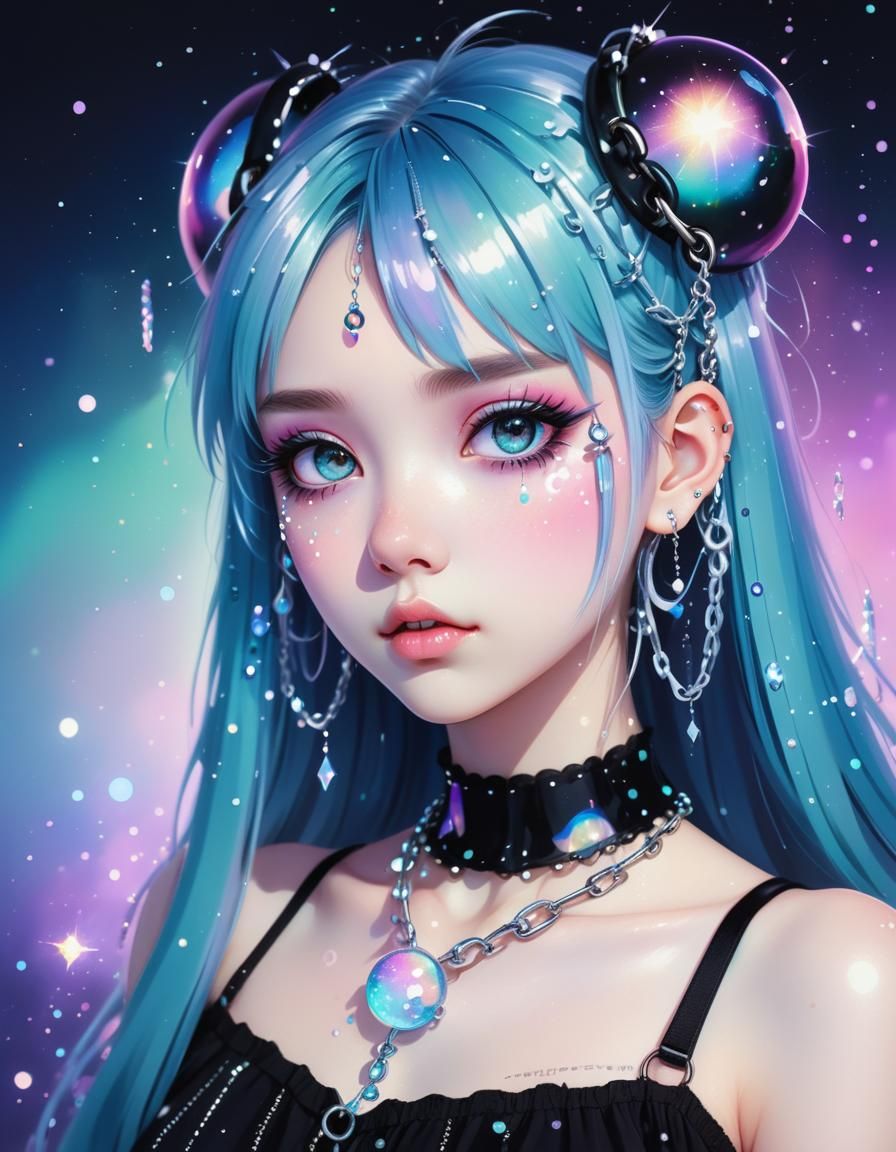 Gothic Kawaii Beauty Under Starry Night Sky