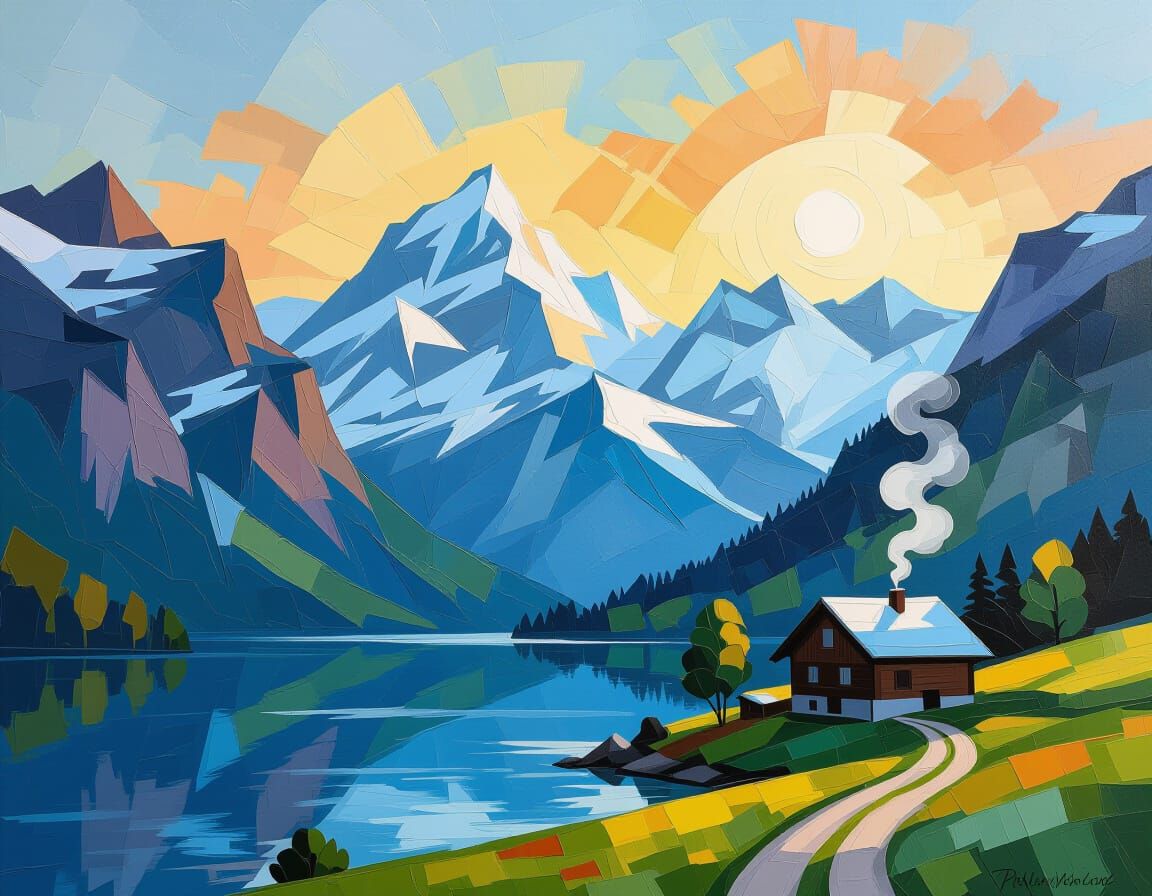 Impasto Painting of Serene Alpine Valley at Dawn