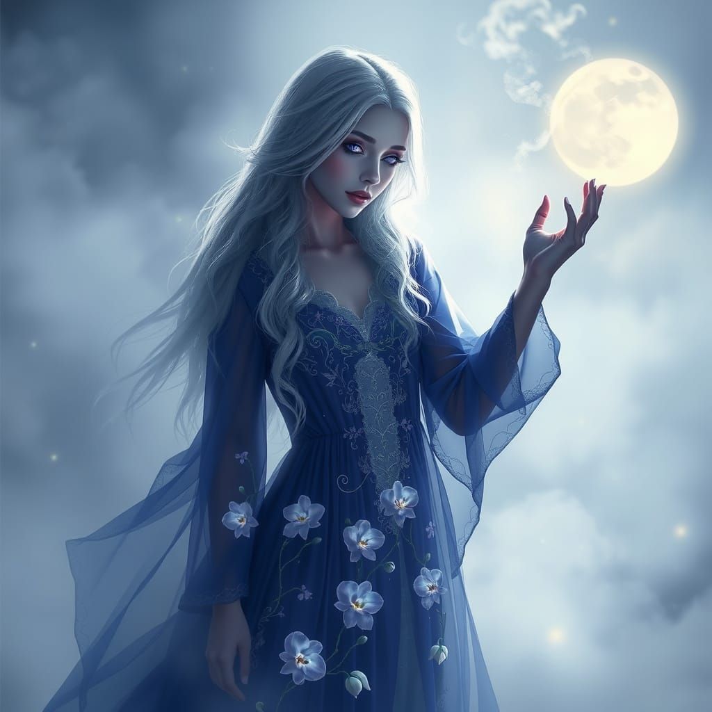 Surreal Goddess of Moonlit Dreams in Whimsical, Ethereal Sty...