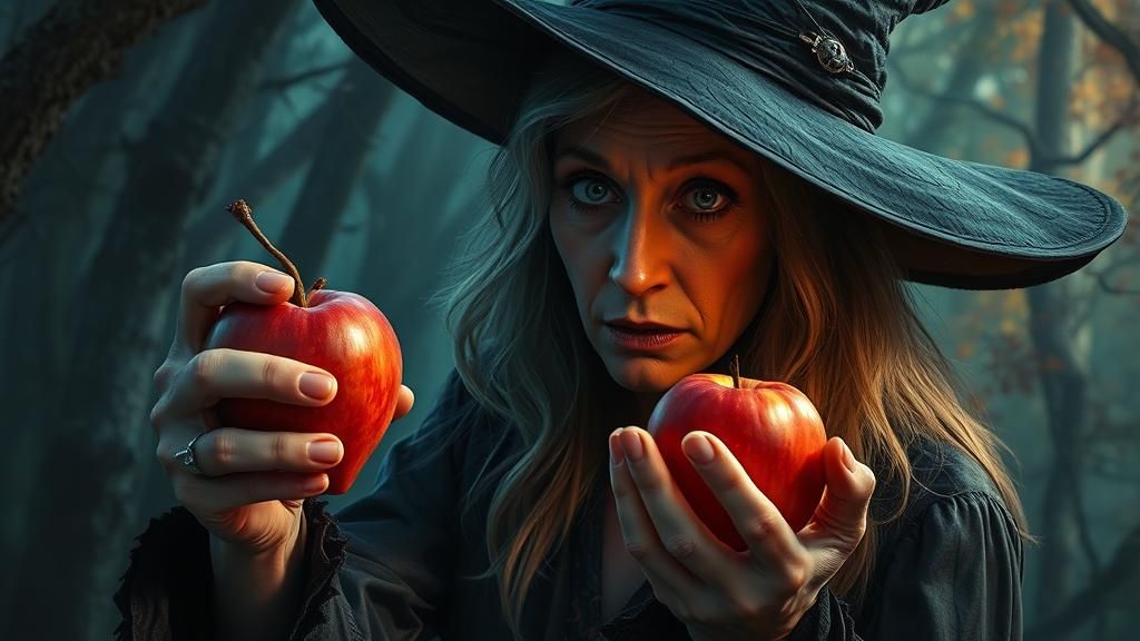 Tempting Witch Offers Apple in Lush Forest