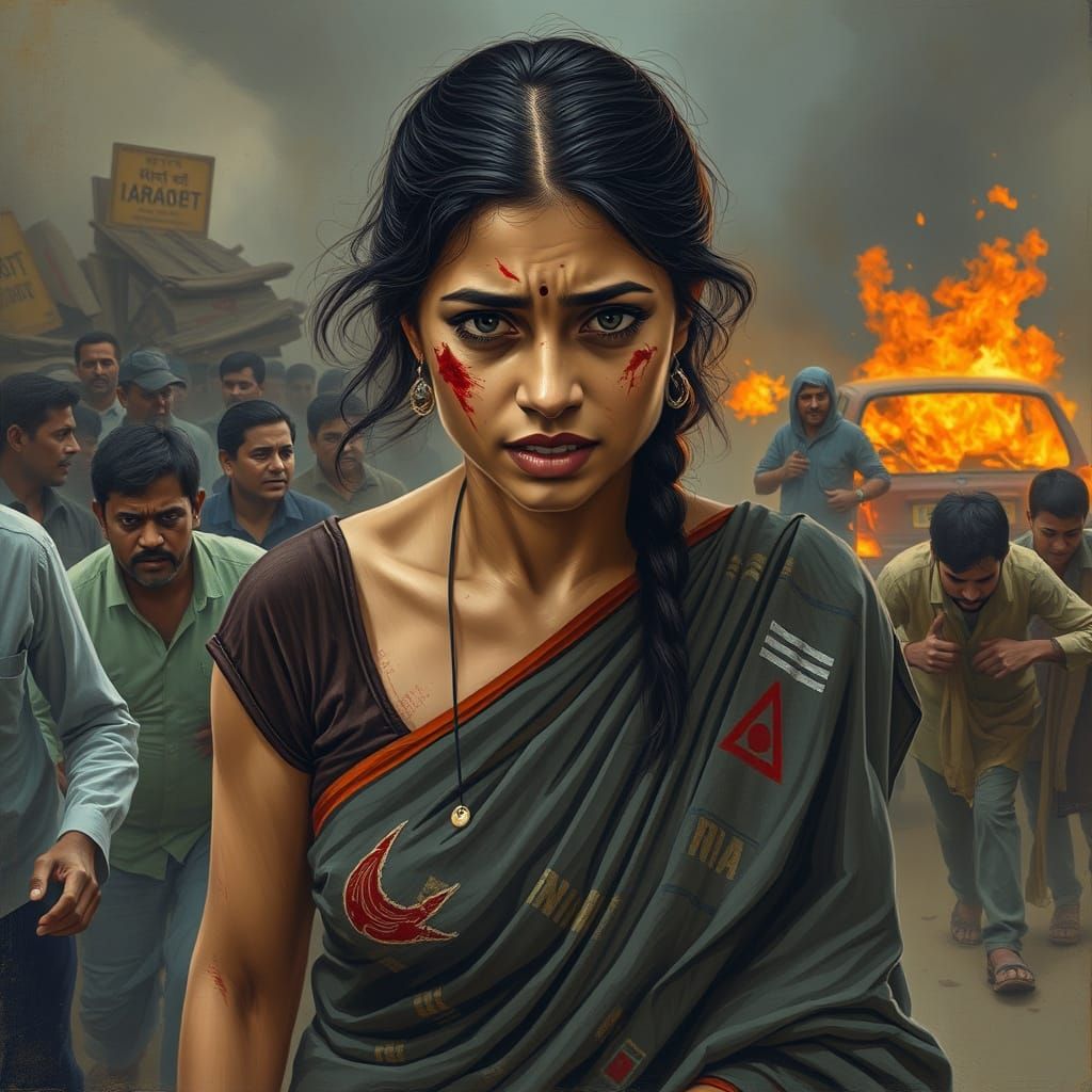 Distressed Woman in Saree Amidst Chaos: Gritty Realism
