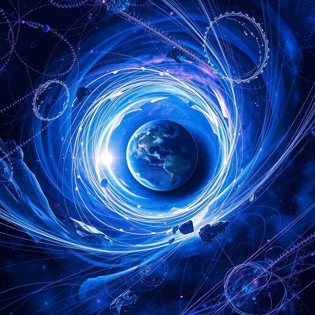 Cosmic Wormhole with Earth in Neon Futurism