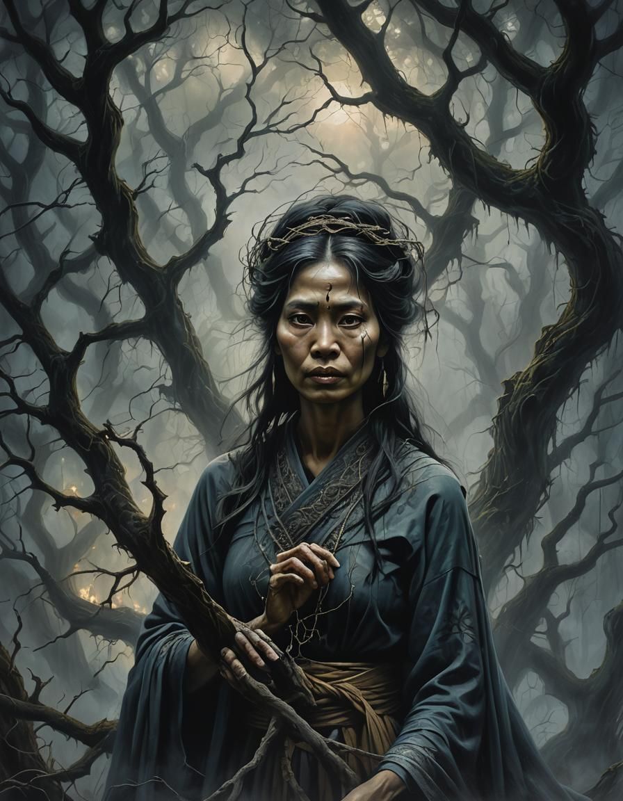 Thai Ghost in Haunted Forest Oil Painting