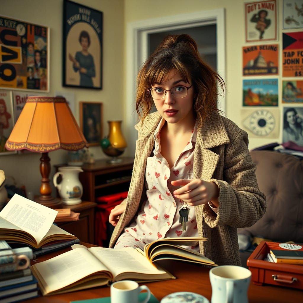 Quirky Woman Searches for Keys in Messy Apartment