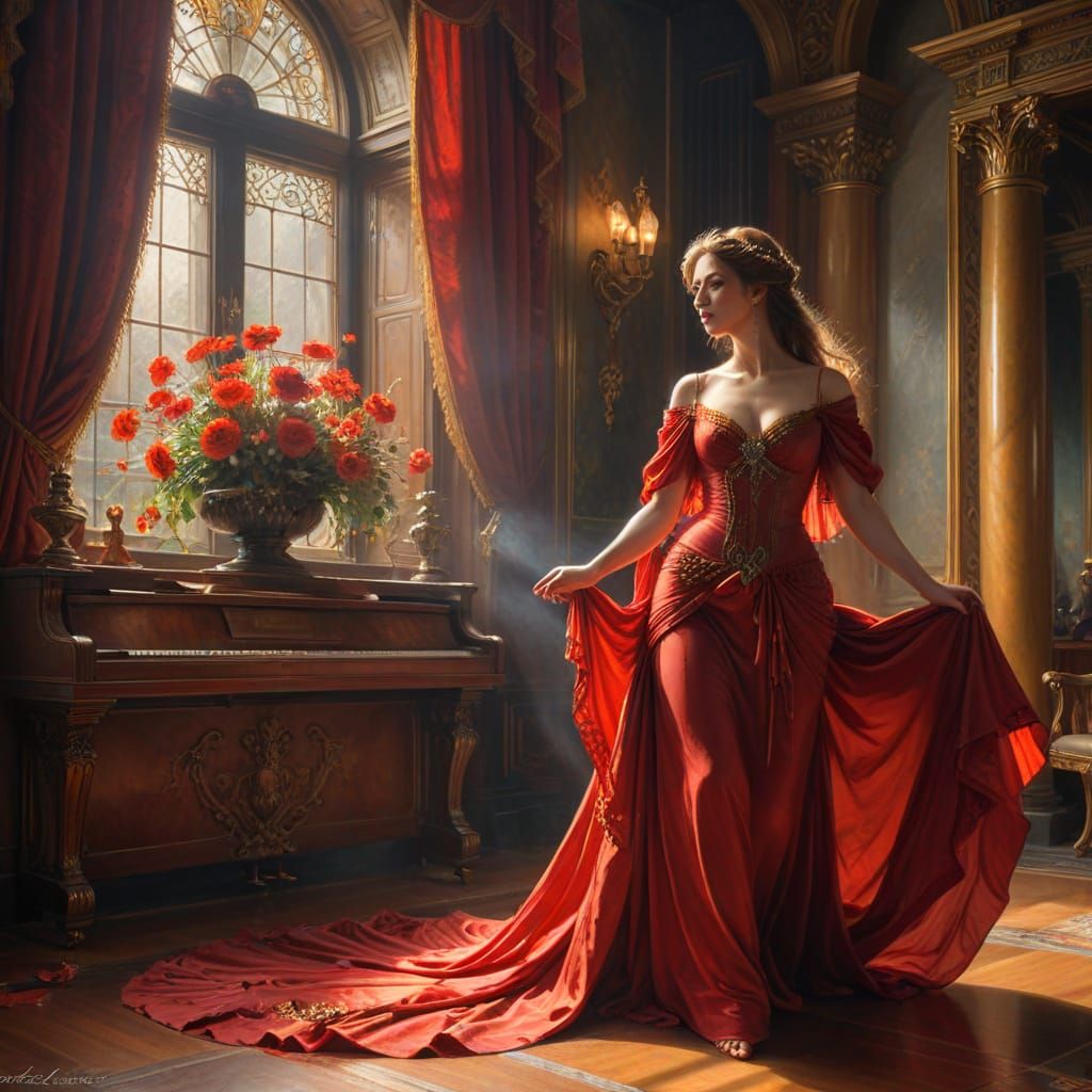 Woman in Red Sings in Opera House, Arthur Hacker Style