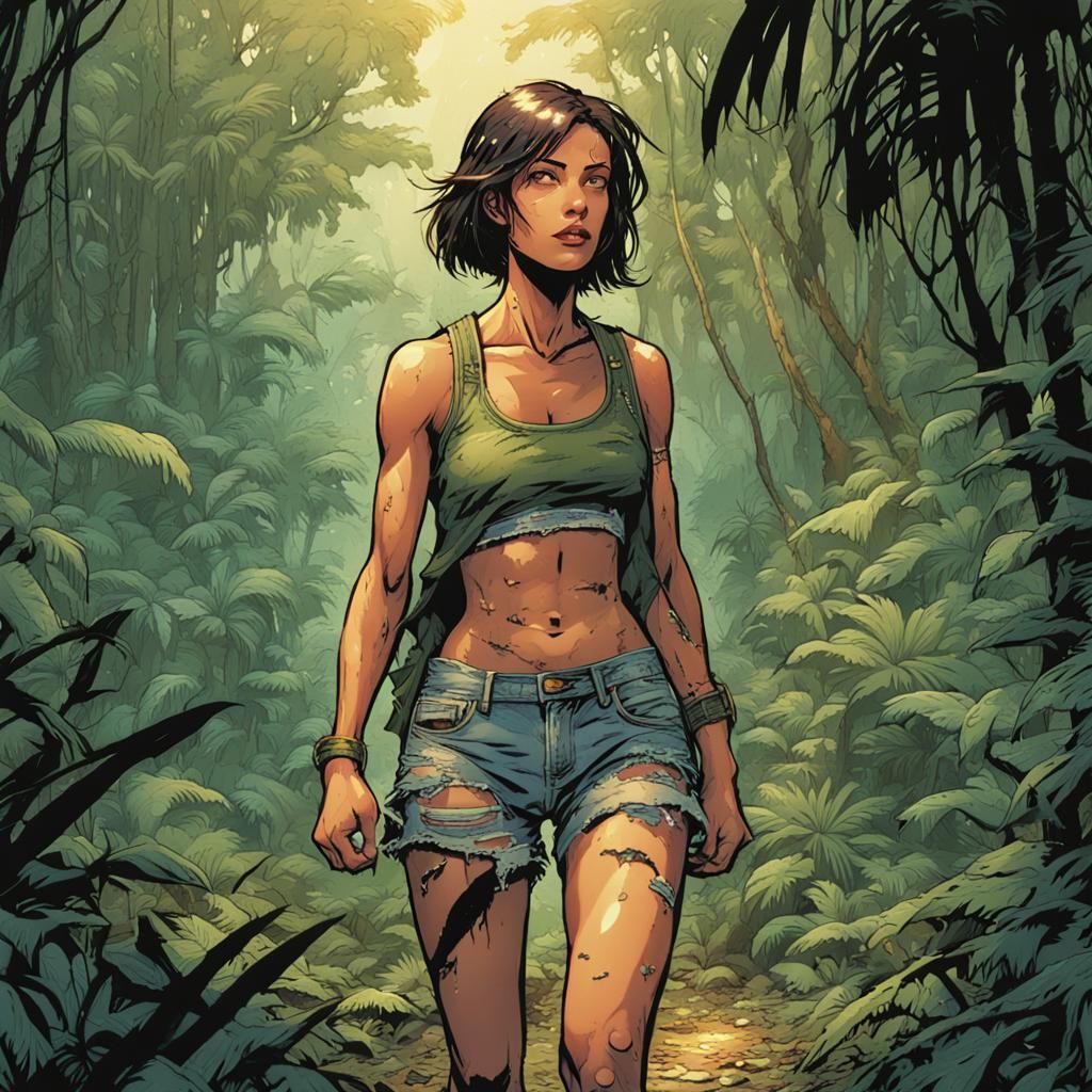 Woman's Jungle Trek in Comic Book Style