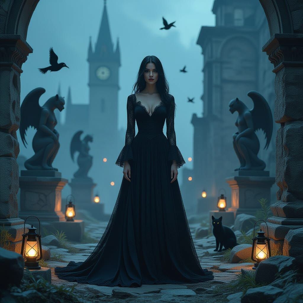 Woman in Lace Among Ruins with Ghost Lanterns