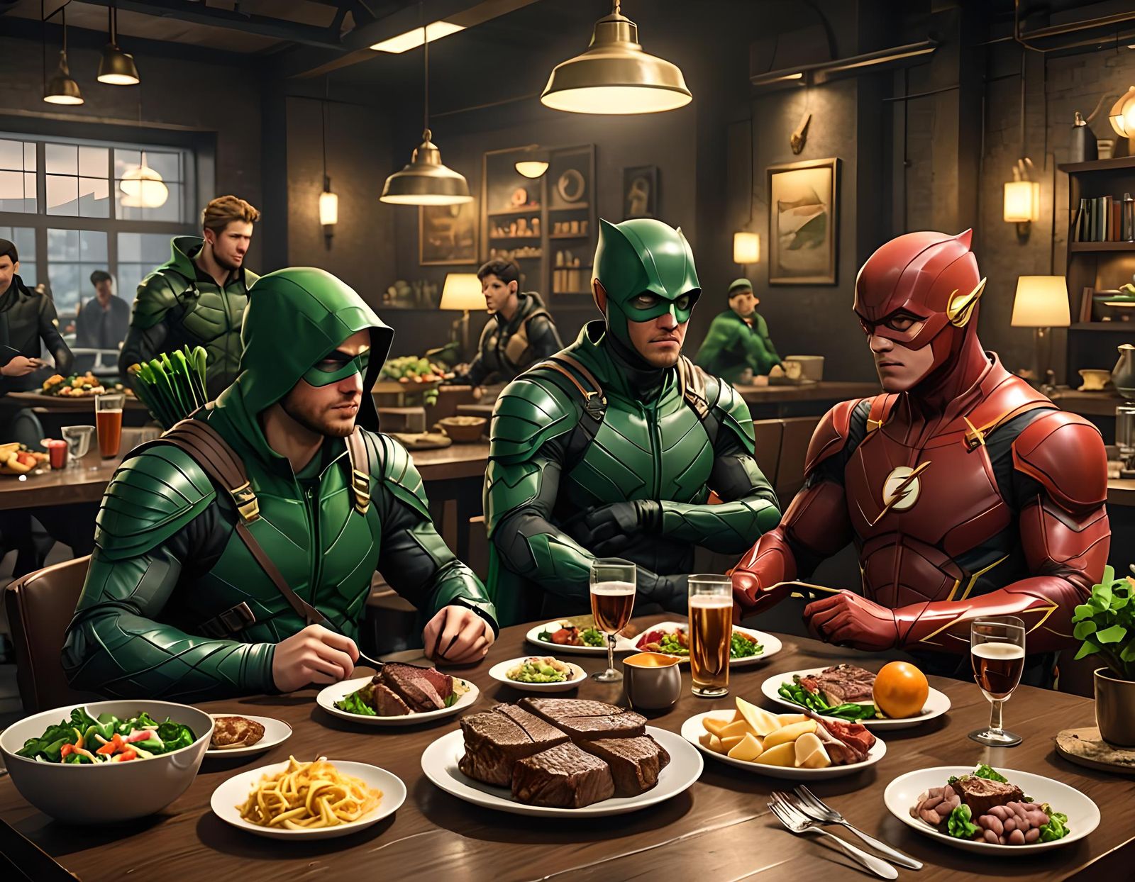 Green Arrow and Flash at Justice League HQ in Anime Style