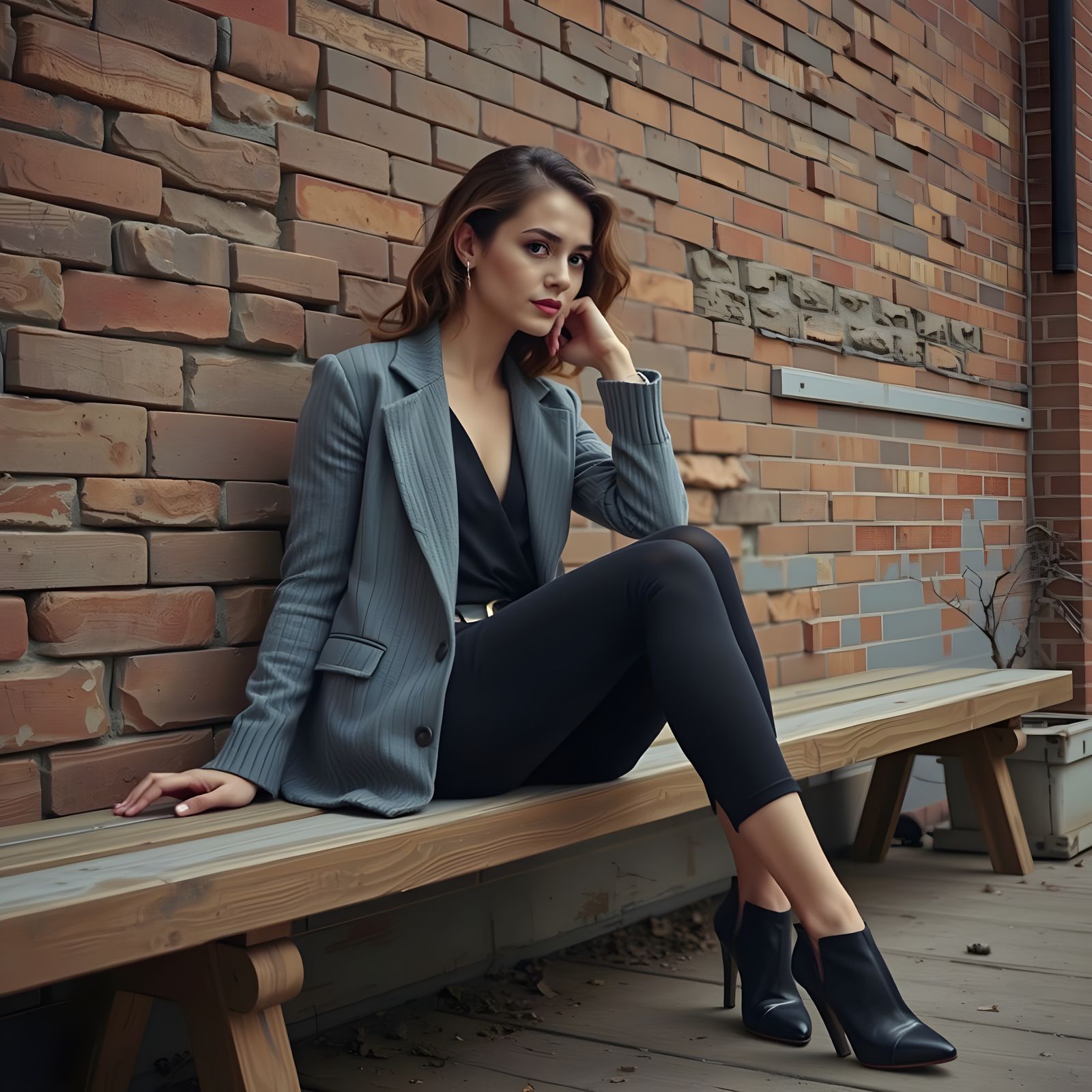 Young Woman in Elegant Attire Seated on Weathered Wooden Ben...