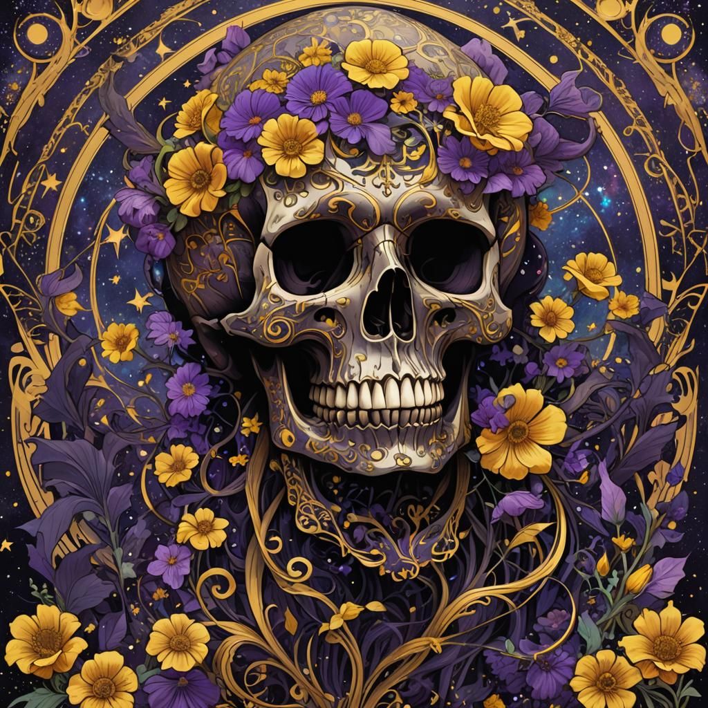 Vibrant Floral Skull in Dark Fantasy Art Nouveau