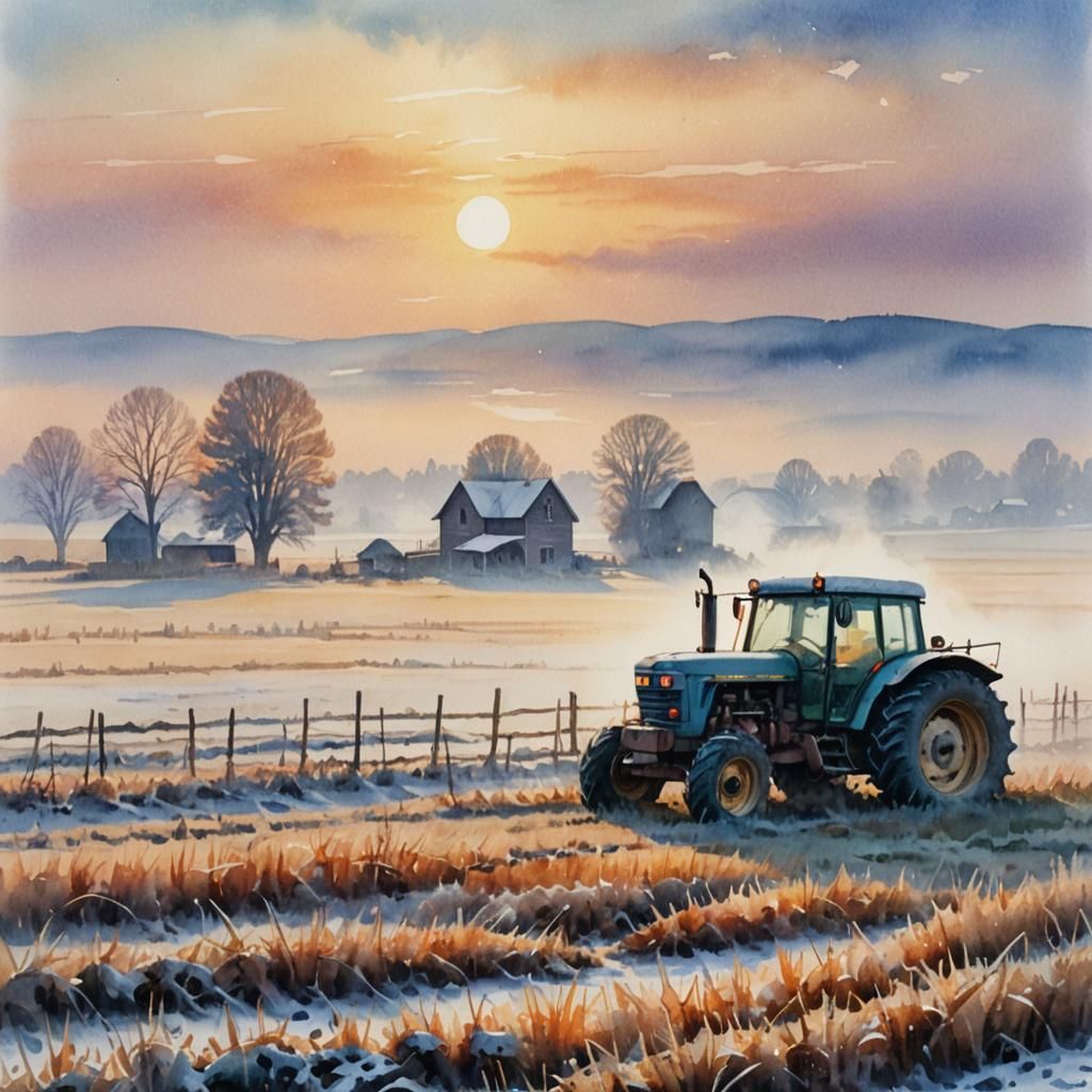 Watercolor Sunrise Over Frozen Field with Tractor