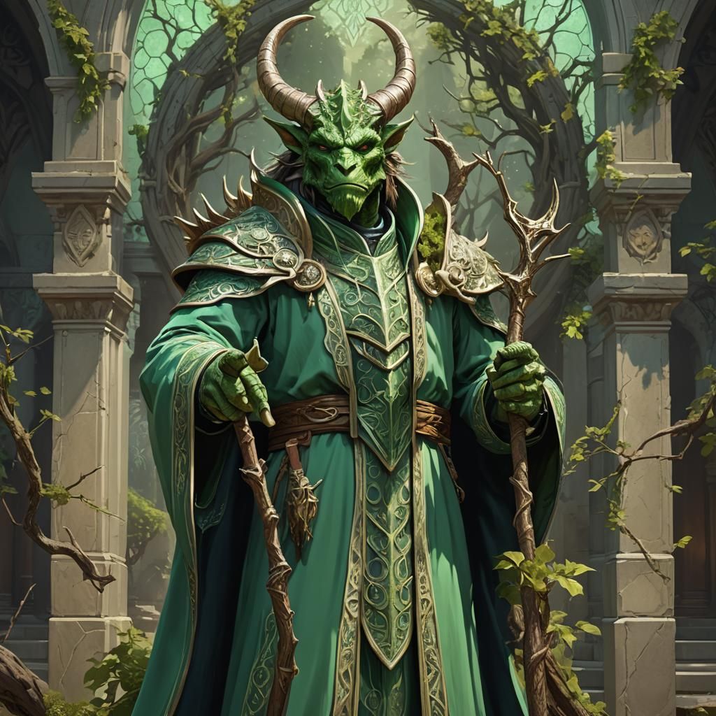 Dragonborn Portrait with Tree Horns in Hyperdetailed Digital...