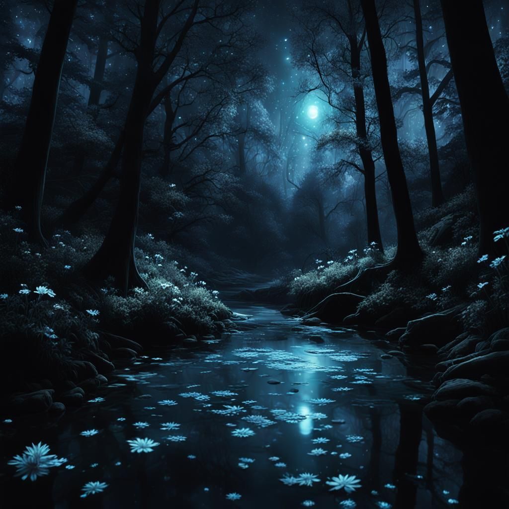 Glowing Forest at Night with Bioluminescent Light