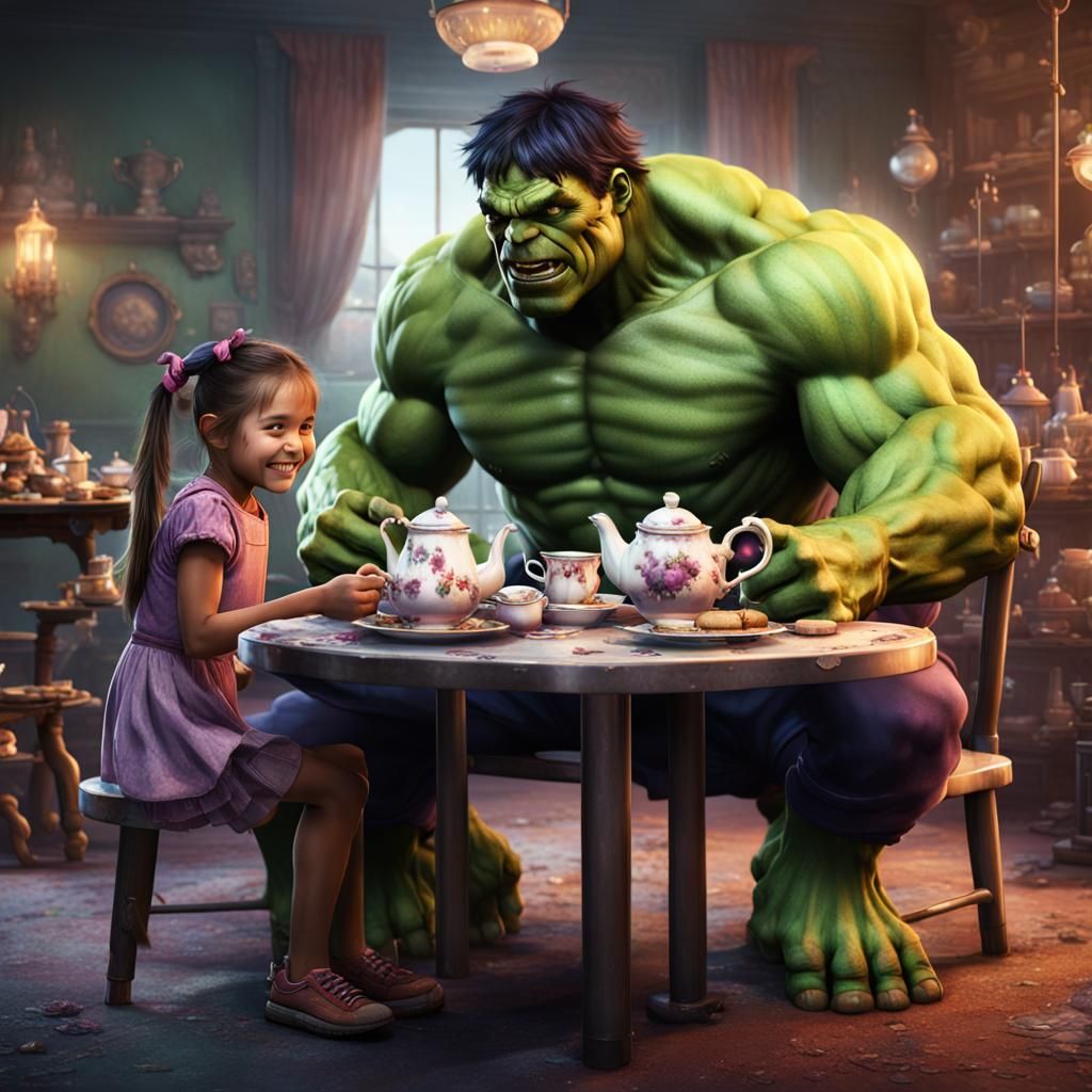 Hulk's Tea Party: A Heartwarming Fantasy Scene