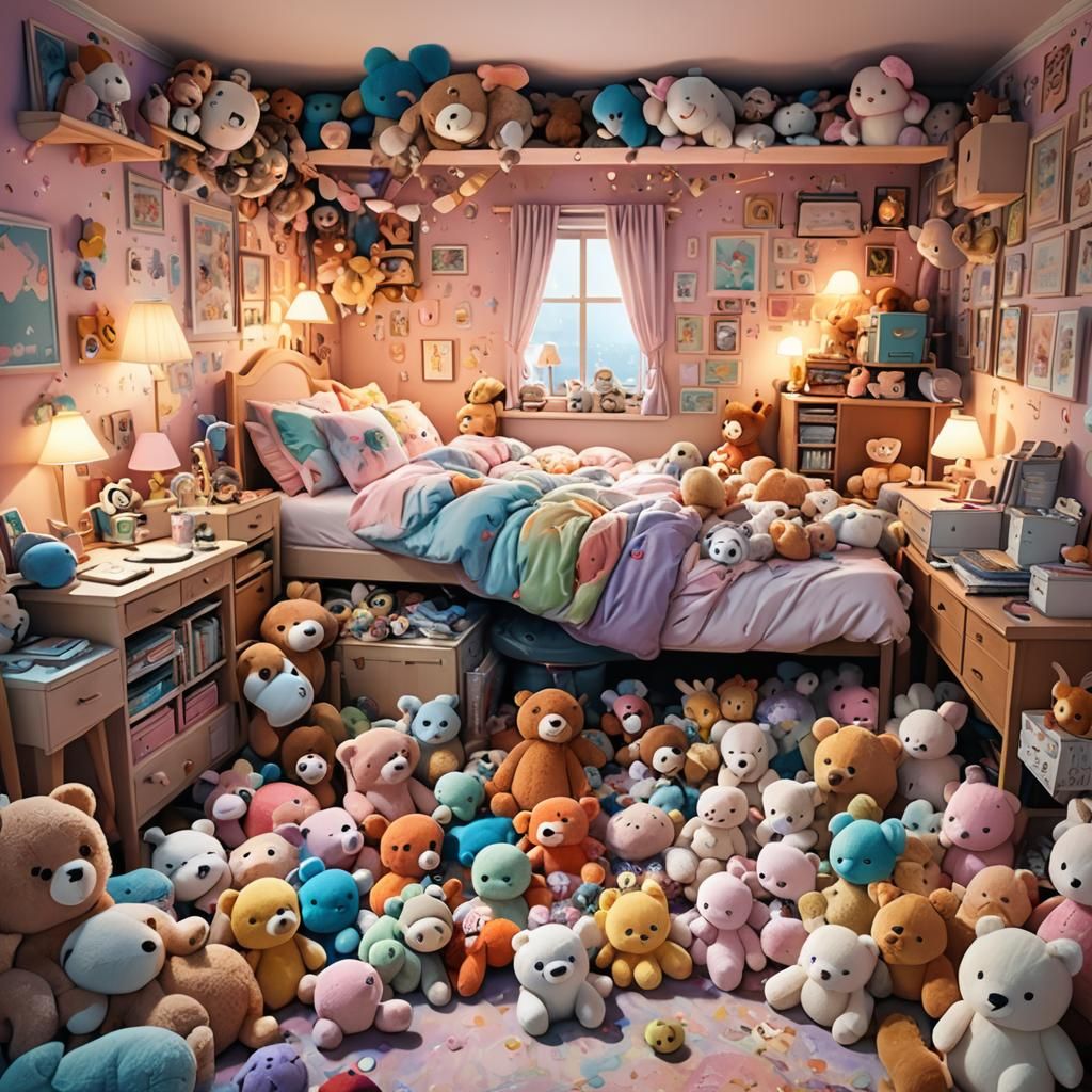 Cozy Room with Stuffed Animals in 3D Anime Style