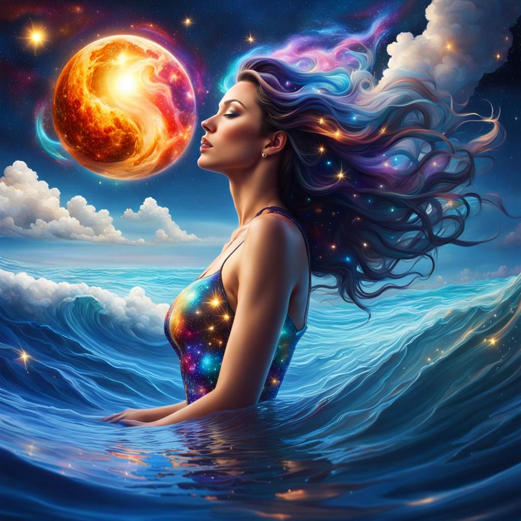 Woman on Galaxy Sea: Detailed Digital Painting