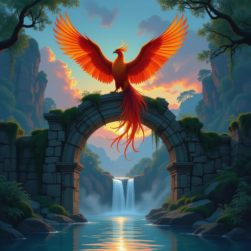 Phoenix on Ancient Archway: Ethereal Concept Art