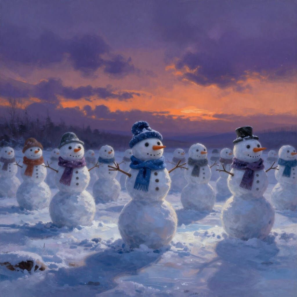Snowman Army on Frozen Battlefield at Twilight