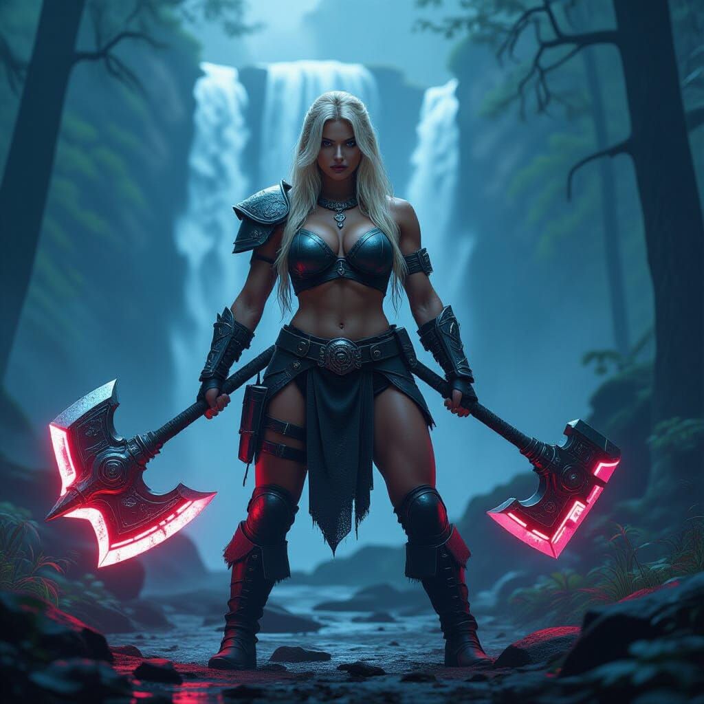Barbarian Woman Warrior in a Neon Forest