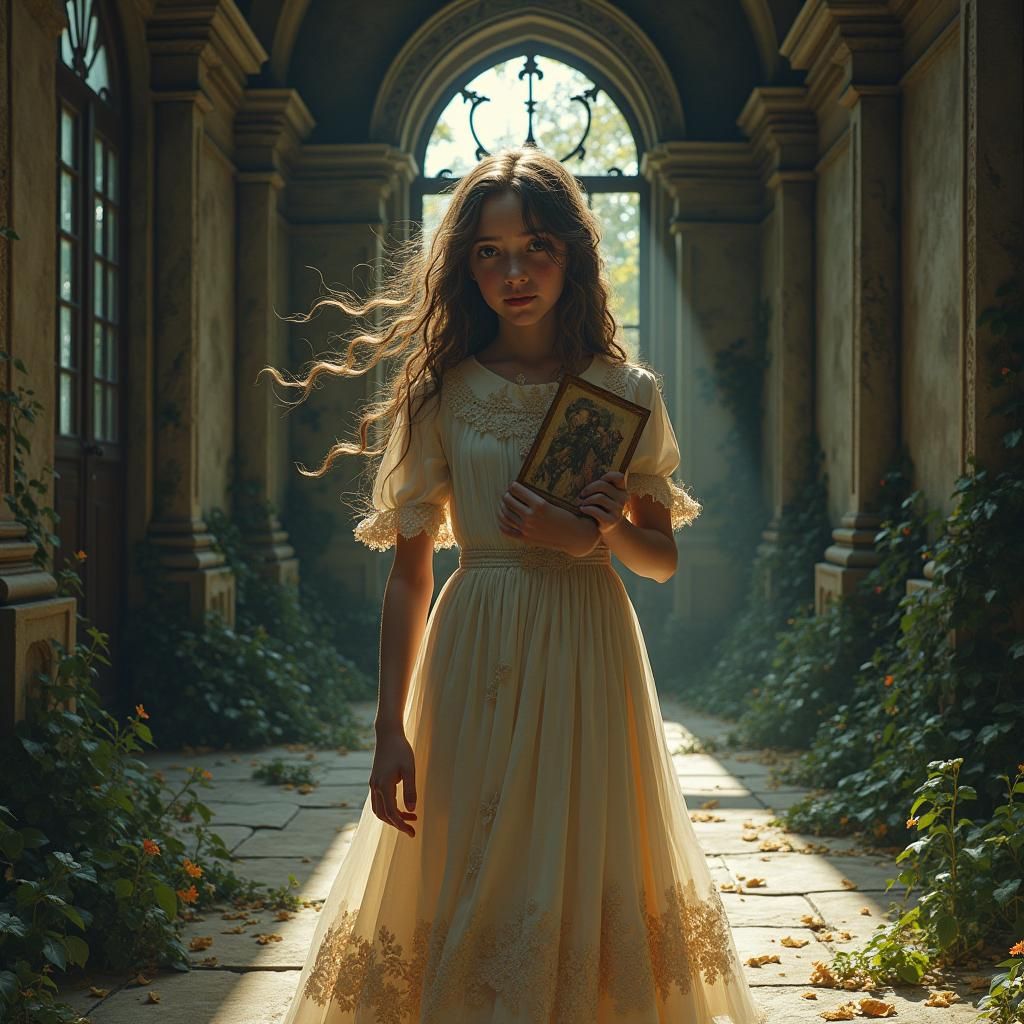 Girl in Flowered Dress at Deserted House