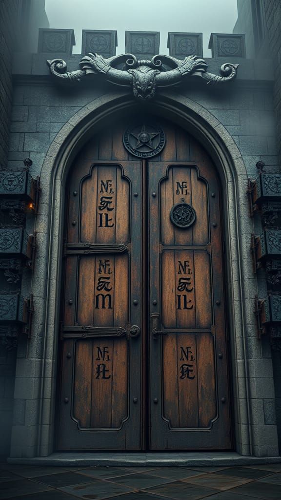 Imposing Dark Academia Castle Doors in Weathered, Hyperdetai...