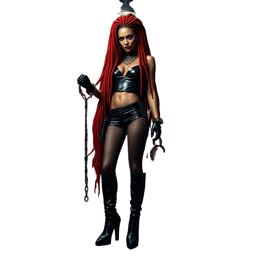 Dominatrix in Dark, Moody Prison Cell with Fiery Red Dreadlo...