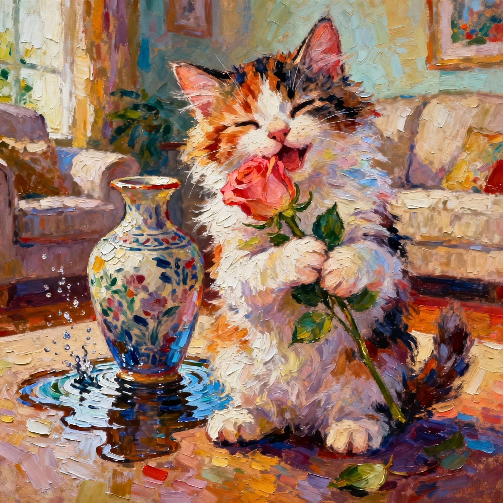 Fluffy Kitten Nuzzles Roses in Cozy Living Room Oil Painting