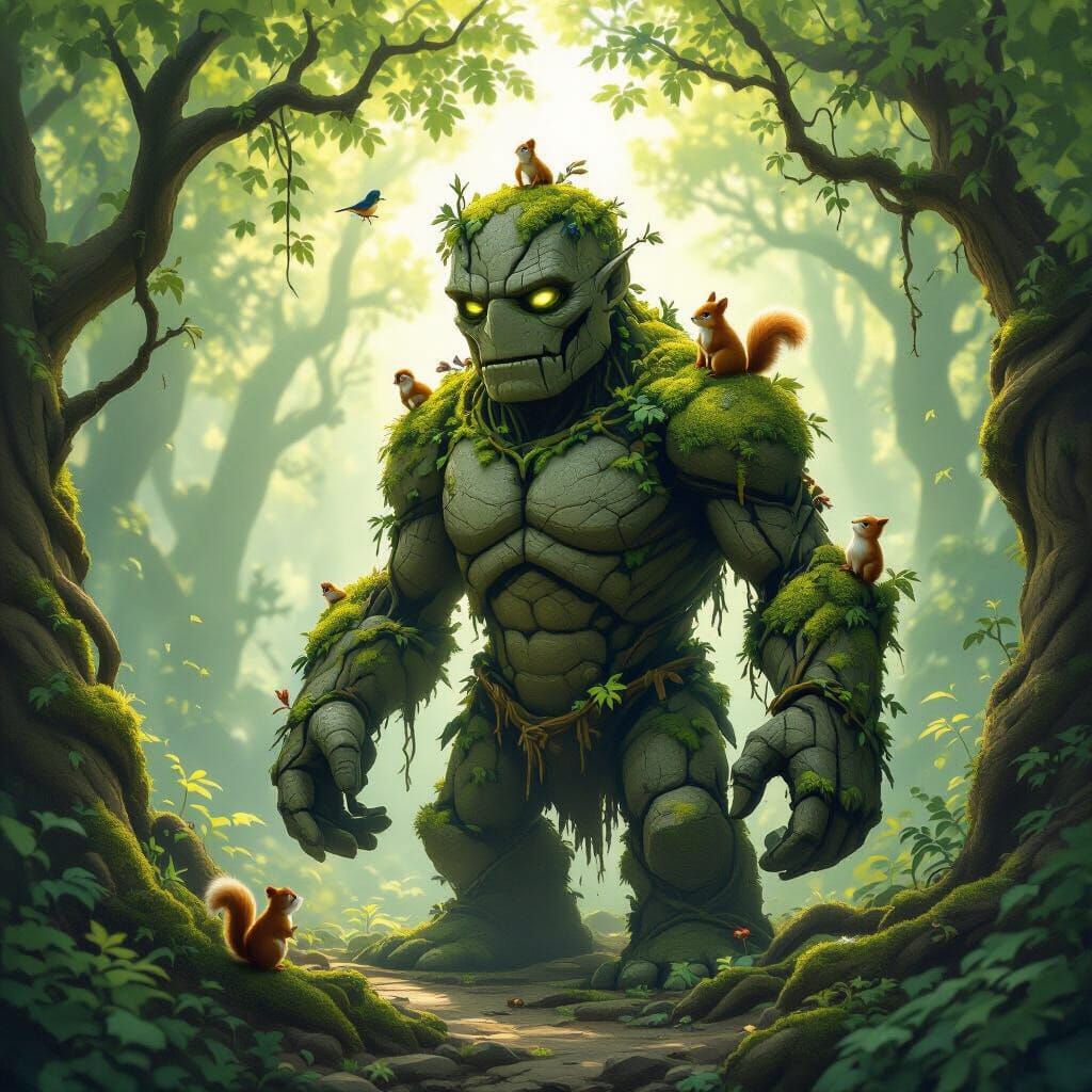 Ancient Stone Golem Awakens in Sun-Dappled Enchanted Forest