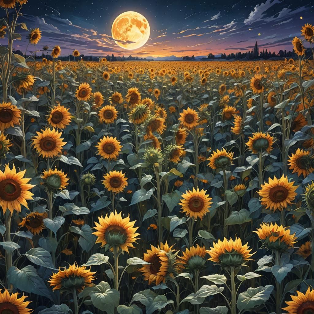Giant Moonlit Sunflowers in Ethereal Landscape