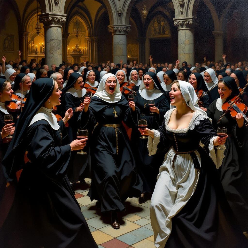 Frenetic Dance of 14th Century Clergy: Oil Painting