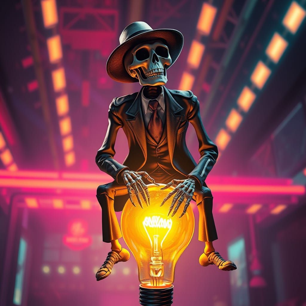 Skeleton Rides Lightbulb in Neon Cyberpunk Style