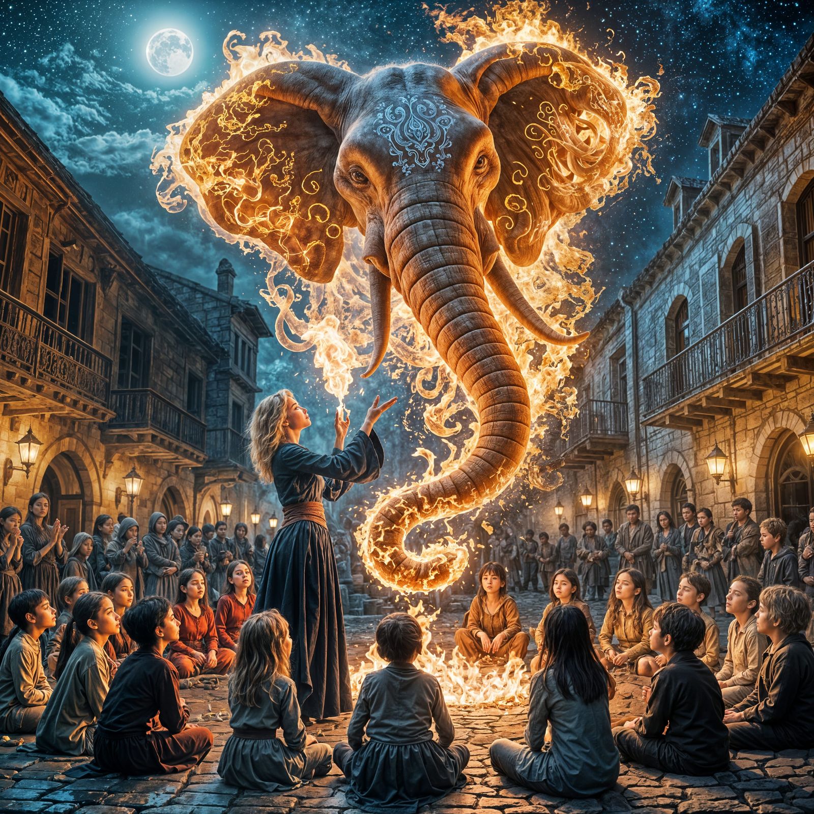 Fiery Mage Conjures Elephant for Awestruck Children
