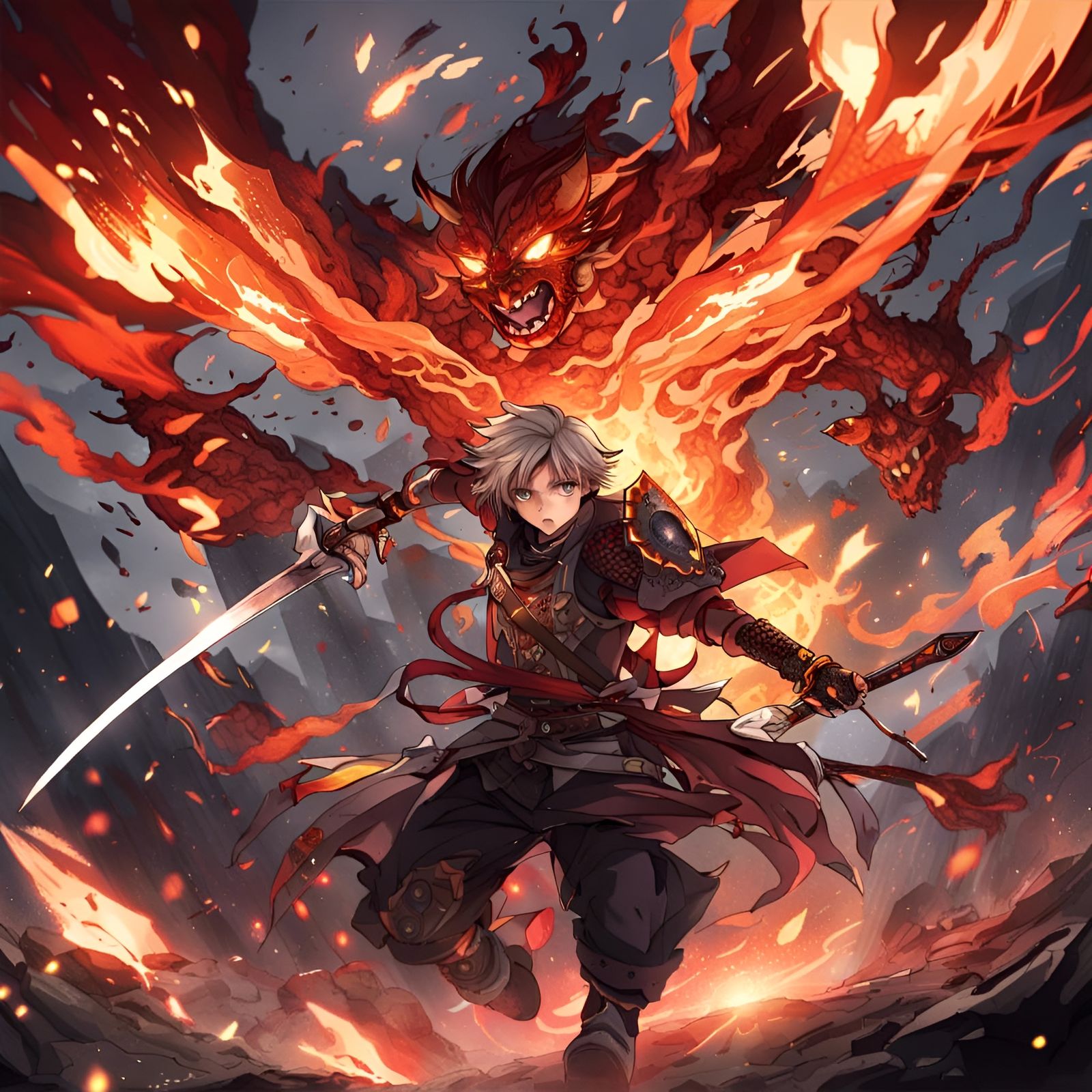 Hero vs. Flaming Demon in Anime Style